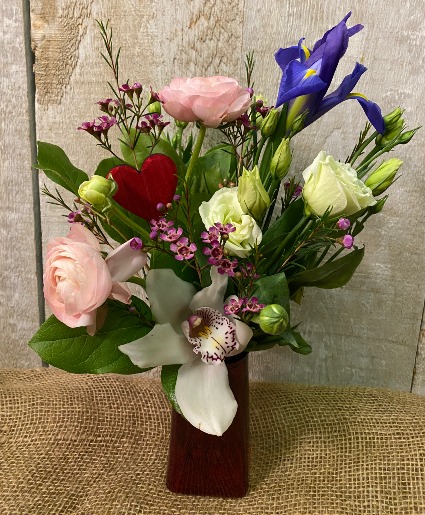 My Sweet  Valentine Floral arrangement in red vase 