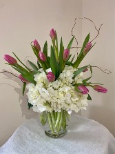 My Two lips are Yours! Vase filled with tulips and Hydrangeas