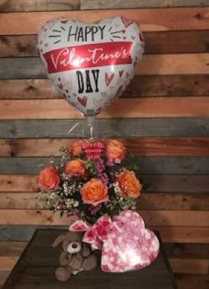 My Valentine Half dozen roses, balloon, plush puppy and a box of chocolates