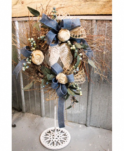Natural & Blue Wreath with wings Sympathy keepsake 