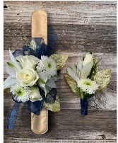 Navy and White wrist corsage and boutonierre Corsage and Boutonierre