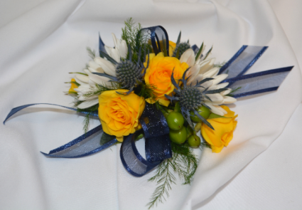 NAVY AND SUNSHINE CORSAGE IN STORE PICK UP ONLY WRIST CORSAGE