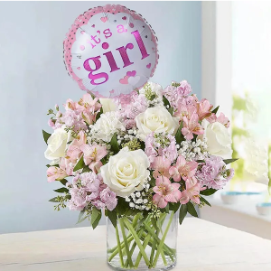 New baby girl balloon and floral arrangement  