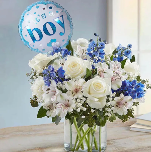 New baby girl balloon and floral arrangement 