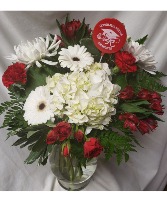 NEW BEGINNINGS BOUQUET...RED AND WHITE Seasonal flowers arranged in a vase!