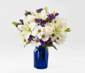 NEW BEYOND BLUE BOUQUET PURPLE AND WHITE FLOWERS IN BLUE VASE