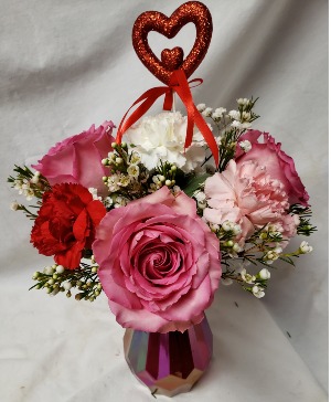 NEW! "IRIDESCENT CINCHED VASE"...includes  Heart pic, pink roses, red, white and pink carnations, seasonal filler!