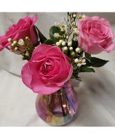 New! Pastel color cinched vases...3 pink roses  Arranged with seasonal filler! ( vases may vary in color depending on stock,)