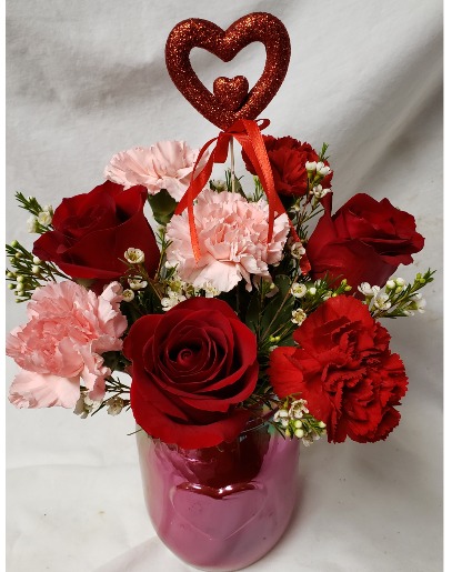 NEW! PEARL HEART QUART MASON JAR...with RED ROSES, heart pic,  pink and red carns and white wax flower or another filler flower in season.