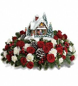 Newfie xmas /Cottage Fresh cut flowers with cottage that lights up picture shown  $129.00 and $149.99  standard to include all carnations $99.99