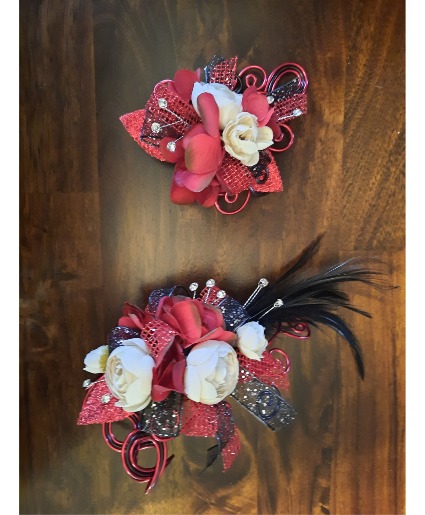Non-Trad Corsage & Boutonniere Set Faux Blossoms on Wired Corsage & Bout