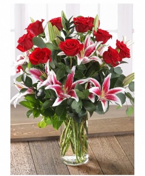 Now, Forever and Always Elegant Mix of Red Roses and Stargazer Lilies