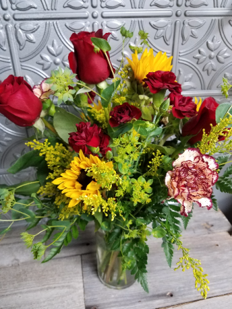 Congrats Bouquet Maroon and Gold in a Clear Vase