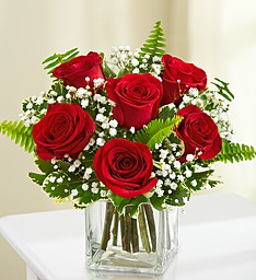 "BEST SELLER" 6 RED ROSES IN A VASE with baby's breath or wax flower