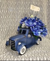 Old Blue Truck Silk Arrangement Silk Flowers in Bed of Blue Truck