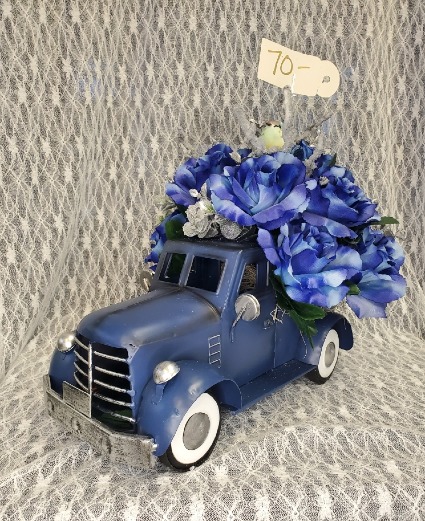 Old Blue Truck Silk Arrangement Silk Flowers in Bed of Blue Truck