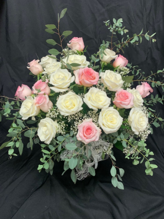 Old Fashioned 24 Pink and White Roses Arranged in Vase