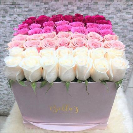 OMBRE ROSE BOX -56 ROSES LARGE PINK SUADE BOX 