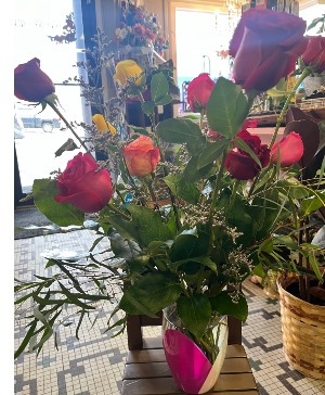 One Dozen Assorted Roses in Heart Design Vase Valentines Roses