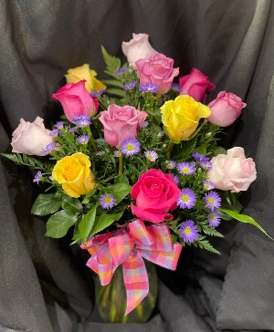 One Dozen Assorted  Roses in Vase