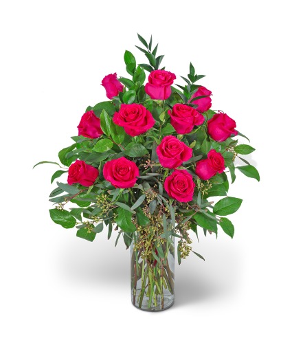 One Dozen Hot Pink Roses Flower Arrangement