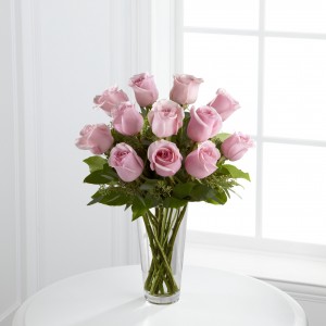 One Dozen Long Stem Pink Roses Vase Arrangement