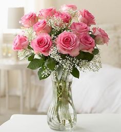 One Dozen Long Stem Pink Valentine Rose Bouquet Classic Bouquet 