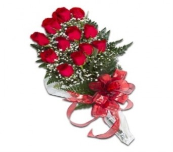 Wrapped Bouquet  Long Stems  One Dozen Long Stem Red Roses  With Babyreath & Greens