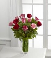 One Dozen Mixed Color Roses  Vase Arrangement