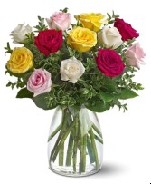One Dozen Mixed Colored Roses Vase
