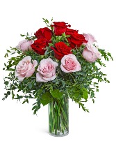 One Dozen Perfect Pink and Red Roses Flower Arrangement