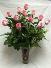 One Dozen Pink Roses Vase Arrangement