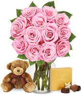 One Dozen Pink Roses with Chocolates and a Bear P.S. I Love You