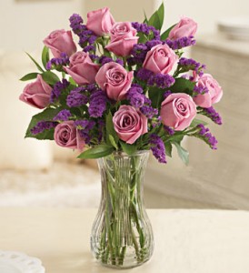 One Dozen Purple Roses with Purple Statice Vase