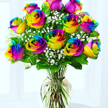 One Dozen Rainbow Roses Arranged