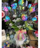 One Dozen Rainbow  Roses Arranged In A Big Vase  