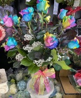 One Dozen Rainbow  Roses  Arranged In A Big Vase  