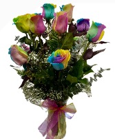 One Dozen Rainbow  Roses  Arranged In A Slim Vase  