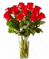 One Dozen Red Long Stem Roses in Vase  