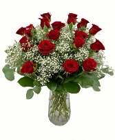 One Dozen Red Long Stem Roses in Vase  