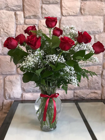 RED ROSES AND WISPY WHITES CLASSIC DOZEN ROSES