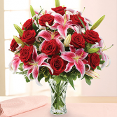 ONE DOZEN RED ROSES AND PINK LILIES VASE