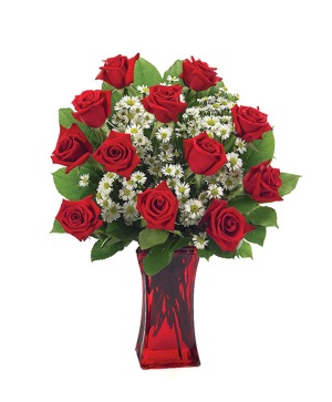 One dozen red roses in a red vase 