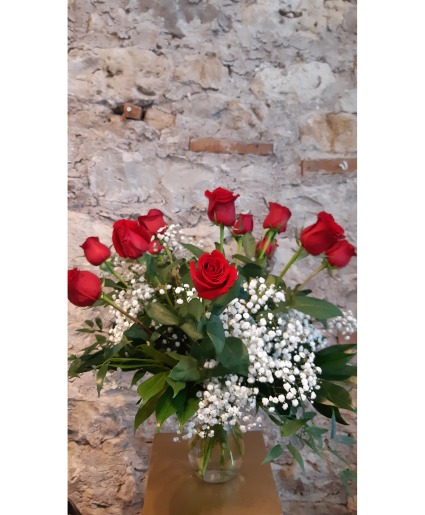 One Dozen Red Roses with Baby's Breath Arranged Vase Arrangement