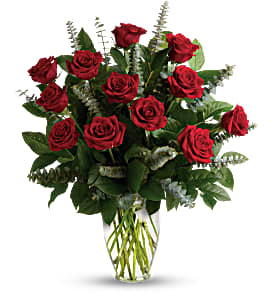 One Dozen Red Roses With Premium Greens Rose Arrangement