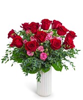 One Dozen Red Roses with Sweetheart Pink Flower Arrangement