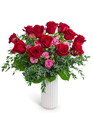 One Dozen Red Roses with Sweetheart Pink Flower Arrangement