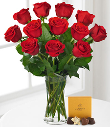PREMIUM DOZEN RED ROSES w/sm box Godiva