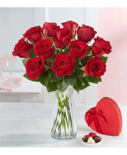 One Dozen Romantic Red Roses  & Chocolate 