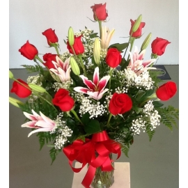 One Dozen Roses With Stargazer Lily